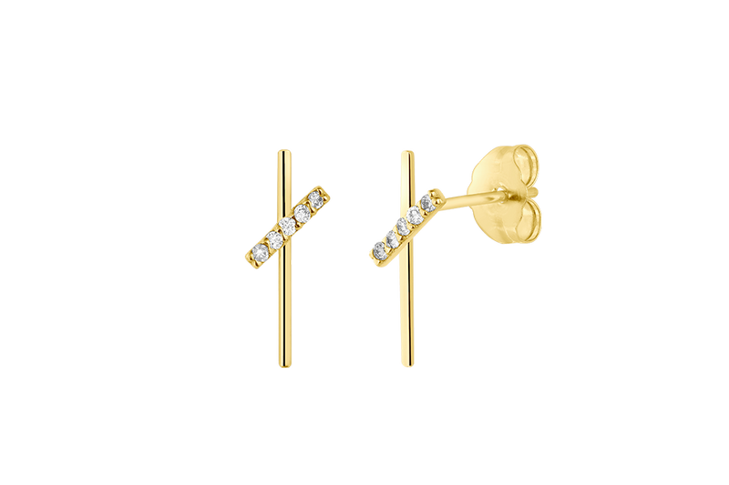 STAVI - Cross Double Bar Stud Earring with Diamonds - 14K Gold
