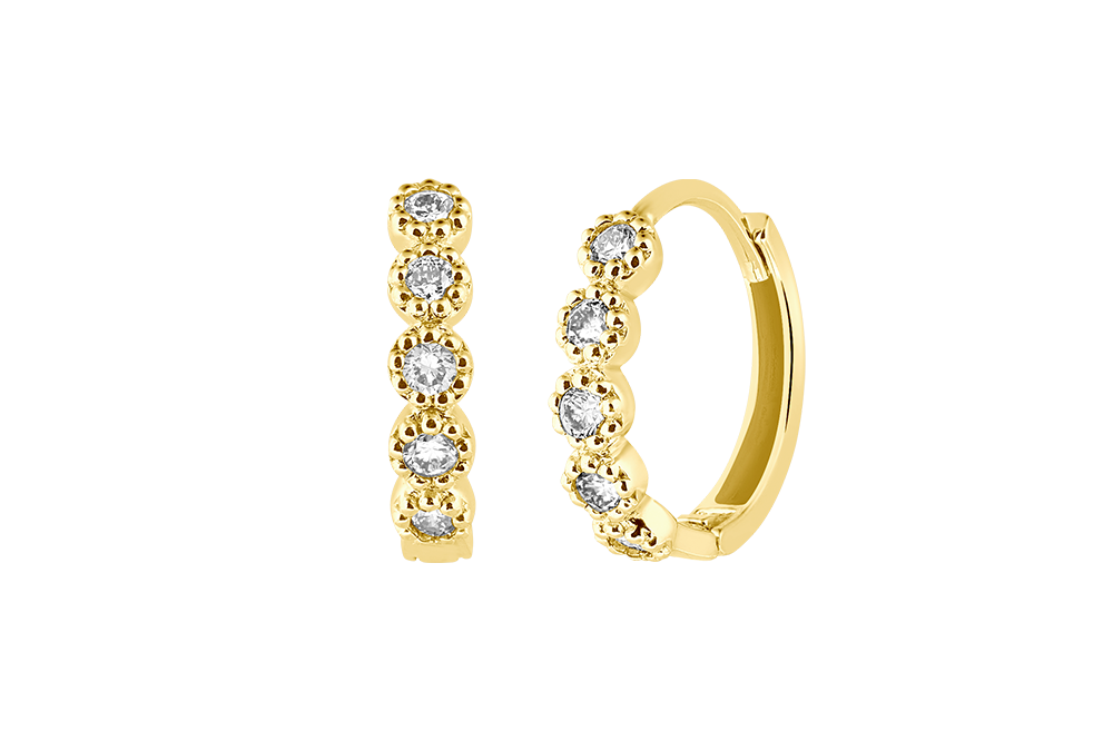 ILAYA - 5 Diamonds in Dotted Bezel Setting Hoops -  14K Gold 0,20ct
