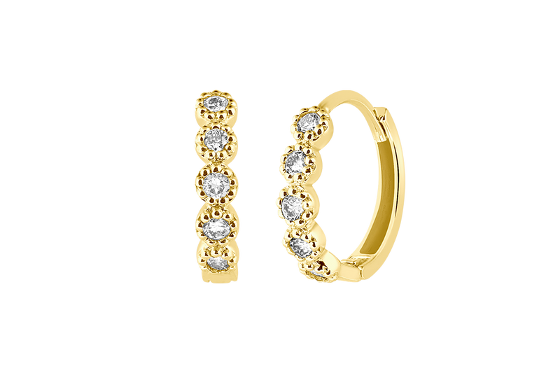 ILAYA - 5 Diamonds in Dotted Bezel Setting Hoops -  14K Gold 0,20ct