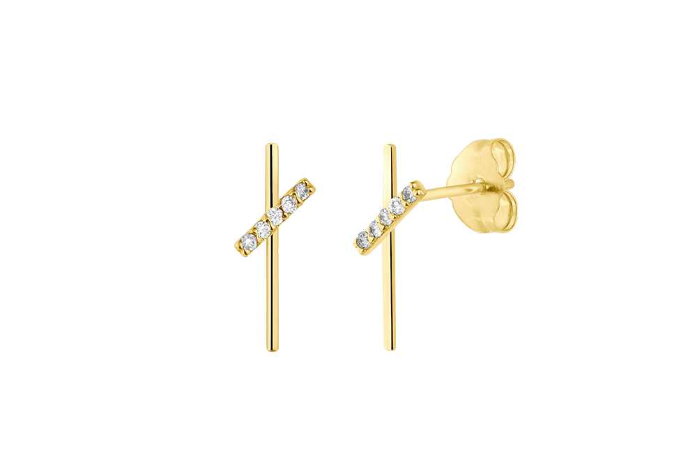 STAVI - Cross Double Bar Stud Earring with Diamonds - 14K Gold