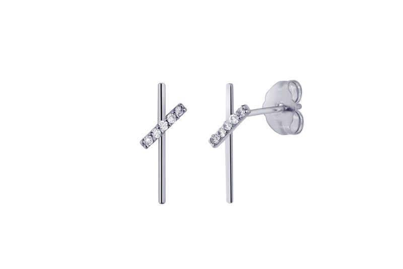 STAVI - Cross Double Bar Stud Earring with Diamonds - 14K Whitegold