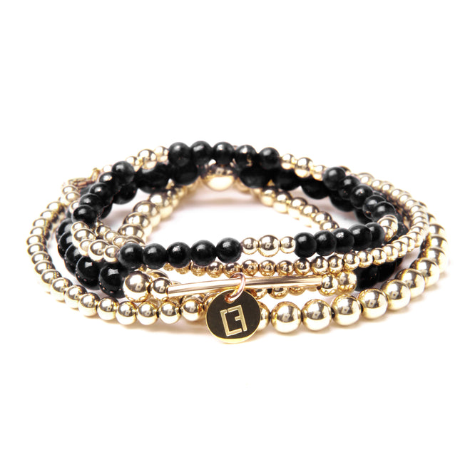 Black - Gemstone Bracelet Stack- Maxi  - Kugelarmbänder - Schwarz/  Gold - CLASSYANDFABULOUS JEWELRY