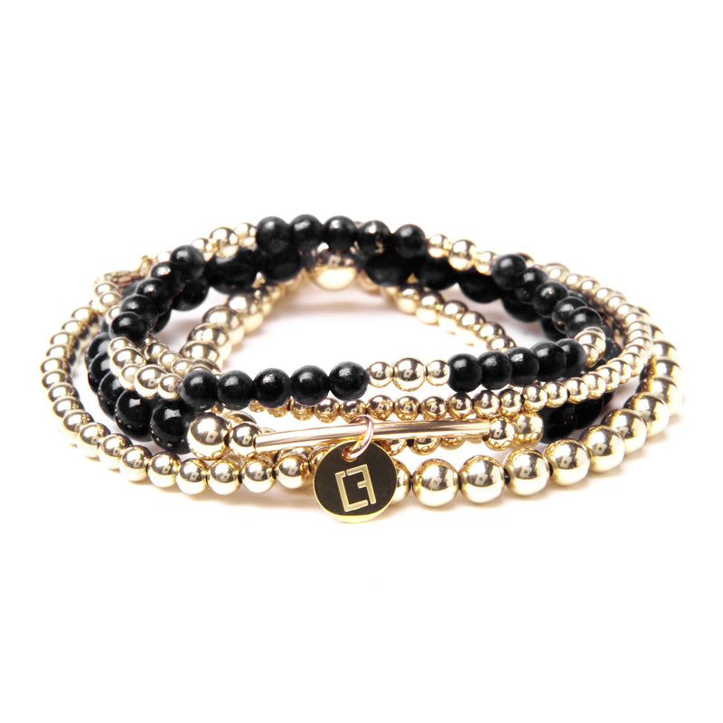 THE NOIR STACK - Gemstone Bracelet Stack - Kugelarmbänder - Schwarz/ Gold - CLASSYANDFABULOUS JEWELRY