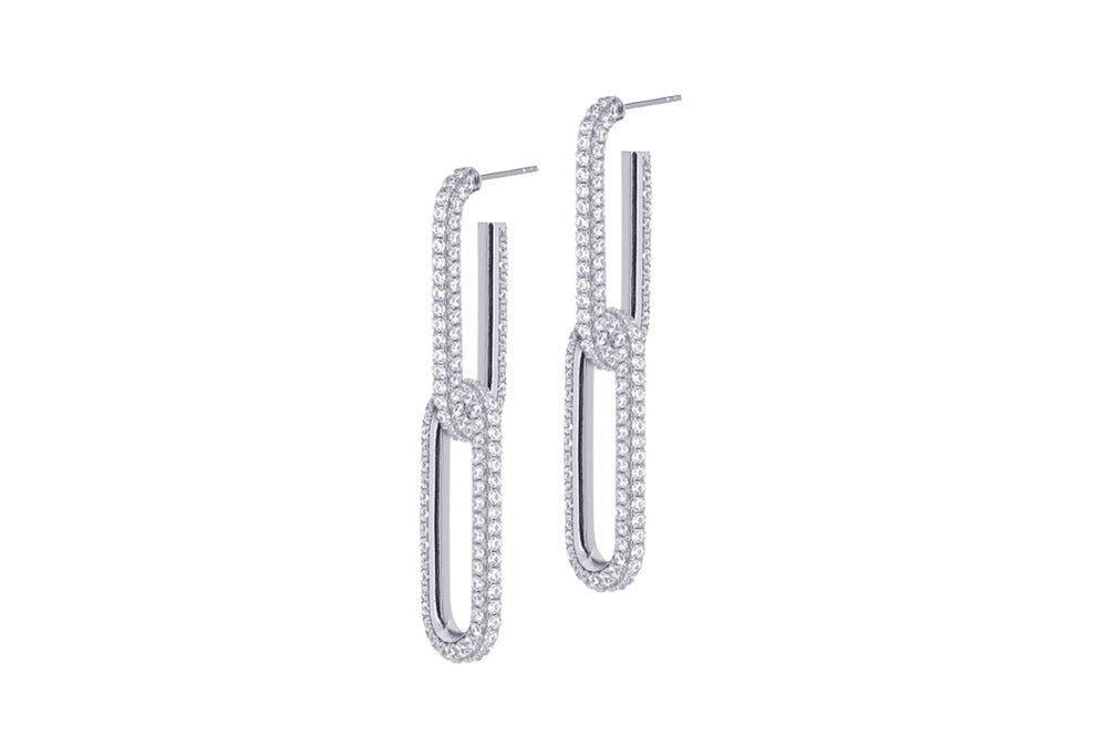 YVA DOUBLE-  FULL PAVÉ ELONGATED CHAIN LINK EARRINGS - SILBER
